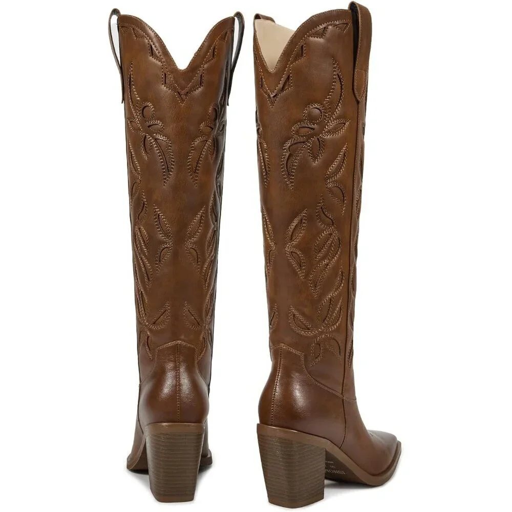 Women Knee Caramel Brown Faux Leather Pull On Tab Chunky Heel Pointed Toe Boots